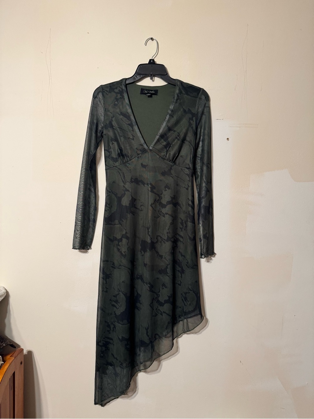 Asymmetric Olive Green Mesh Dress with Long Sleeves